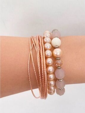 Set Of Rose Gold Bangles & Beaded Stretch Bracelets With Pearl & Gemstone Accent